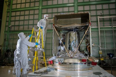 Checking the top of the PACE spacecraft bus structure. Credit: Henry, Dennis (Denny)