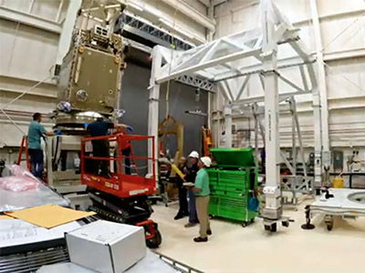 Time-lapse video of lifting PACE Spacecraft SVU onto Aronson table, attaching Solar Array ETU, and lifting back to dolly at NASA Goddard Space Flight Center. Credit: Henry, Dennis (Denny)
