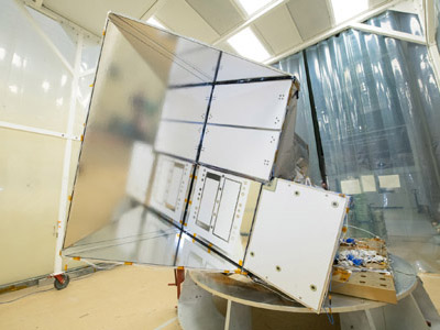 The Earth Shade (ES) radiators on the Ocean Color Instrument are displayed as it is tested in a cleanroom at Goddard Space Flight Center.