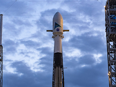 A SpaceX Falcon 9 rocket with NASA’s PACE spacecraft stands vertical at Space Launch Complex 40 at Cape Canaveral Space Force Station in Florida on Monday, Feb. 5, 2024. Credit: SpaceX