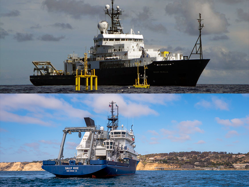 The first EXPORTS field deployment will be to the northeast Pacific Ocean in late summer 2018. The cruise will utilize two research vessels: The R/V <em>Roger Revelle</em> (top) and the R/V <em>Sally Ride</em> (bottom).
