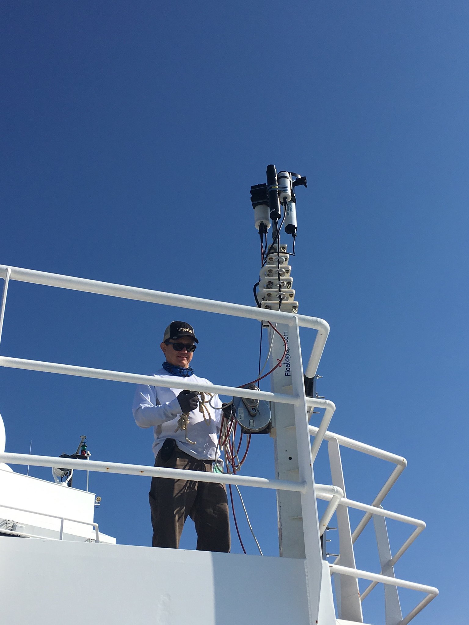Ship-based radiometers (seen here attached to a deck rail) will collect hyperspectral data on ocean color. The hyperspectral measurements will be similar to those that will be collected during the PACE mission.