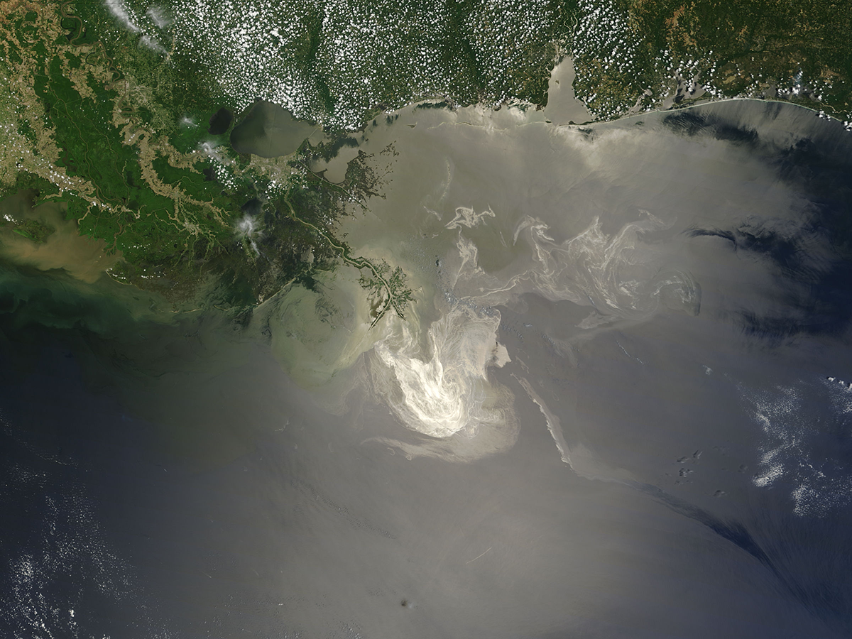 This natural-color image shows the lingering oil slick from Deepwater Horizon off the Mississippi Delta