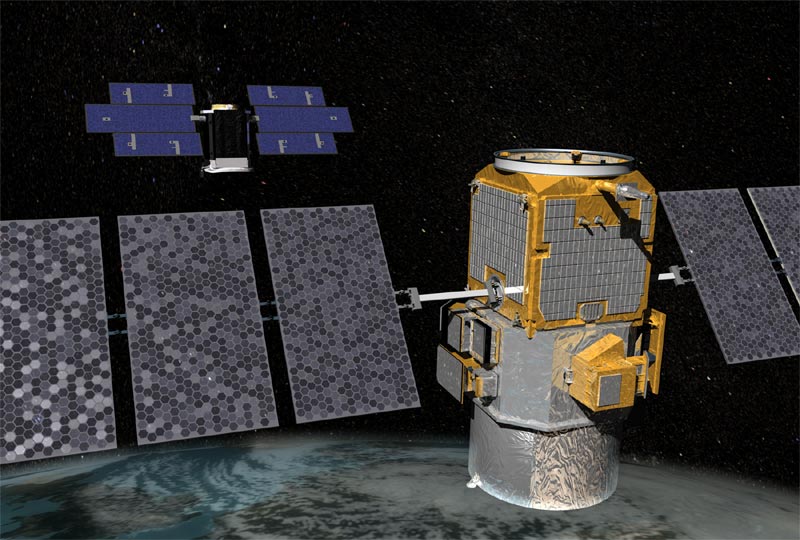 CALIPSO (foreground) and CloudSat (background) can be used to study the effects of clouds and aerosols on climate and weather.