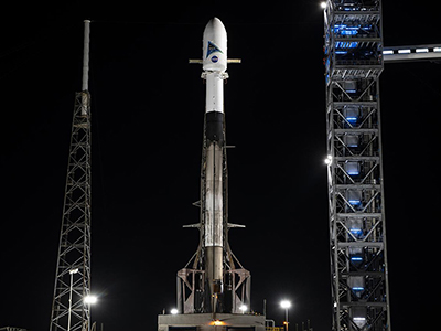 A SpaceX Falcon 9 rocket with NASA’s PACE spacecraft encapsulated atop is raised to a vertical position at Space Launch Complex 40 at Cape Canaveral Space Force Station in Florida on Monday, Feb. 5, 2024. Credit: NASA