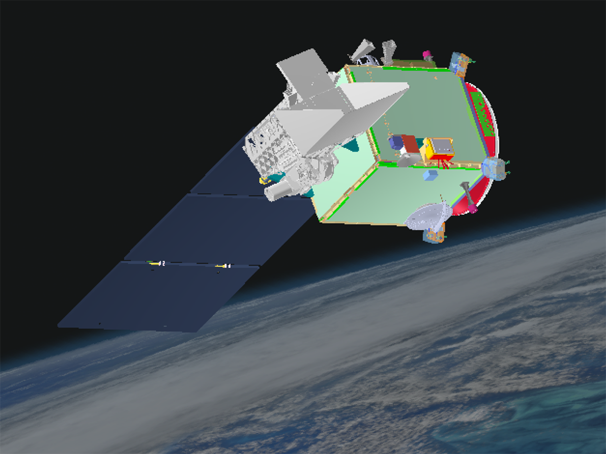 A graphic rendering of the PACE Observatory, with solar panels deployed.