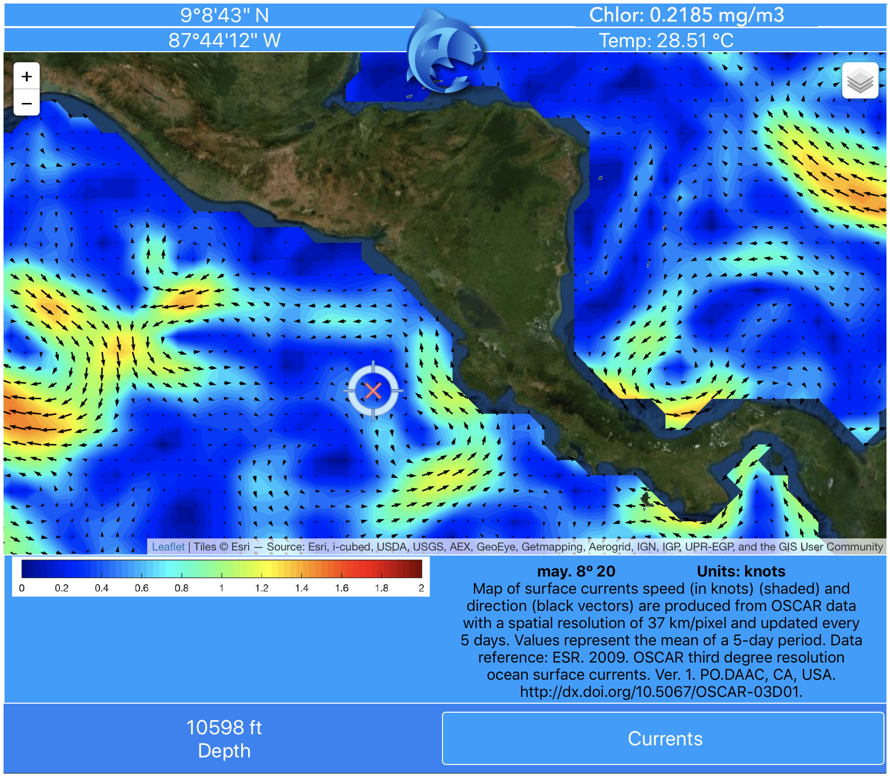 Information on currents around Central America from pezCA