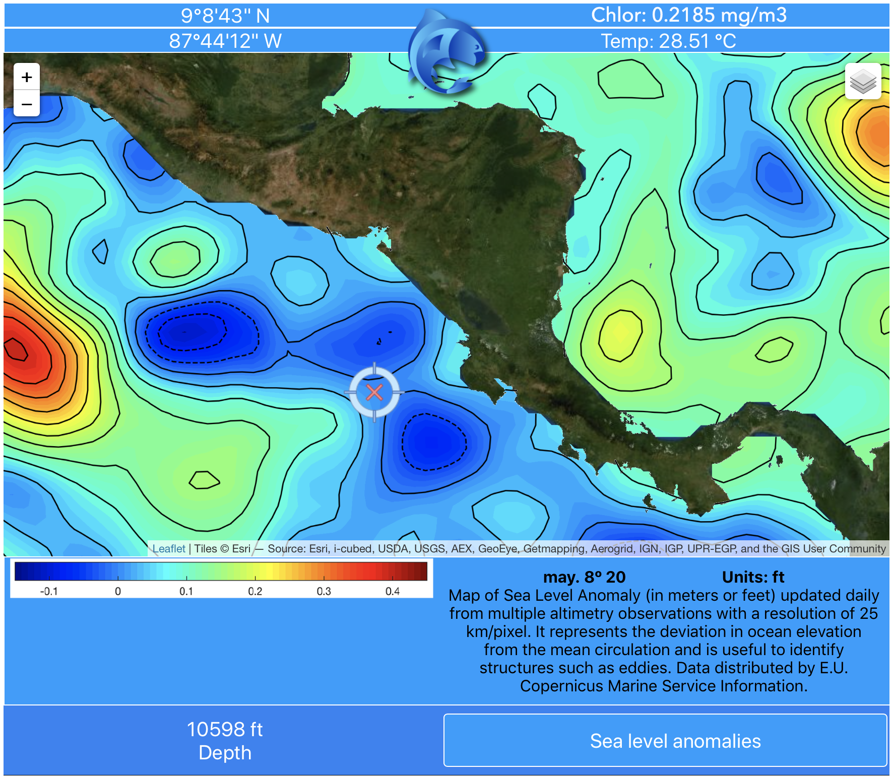 Sea level anomaly data map off Central America from pezCA