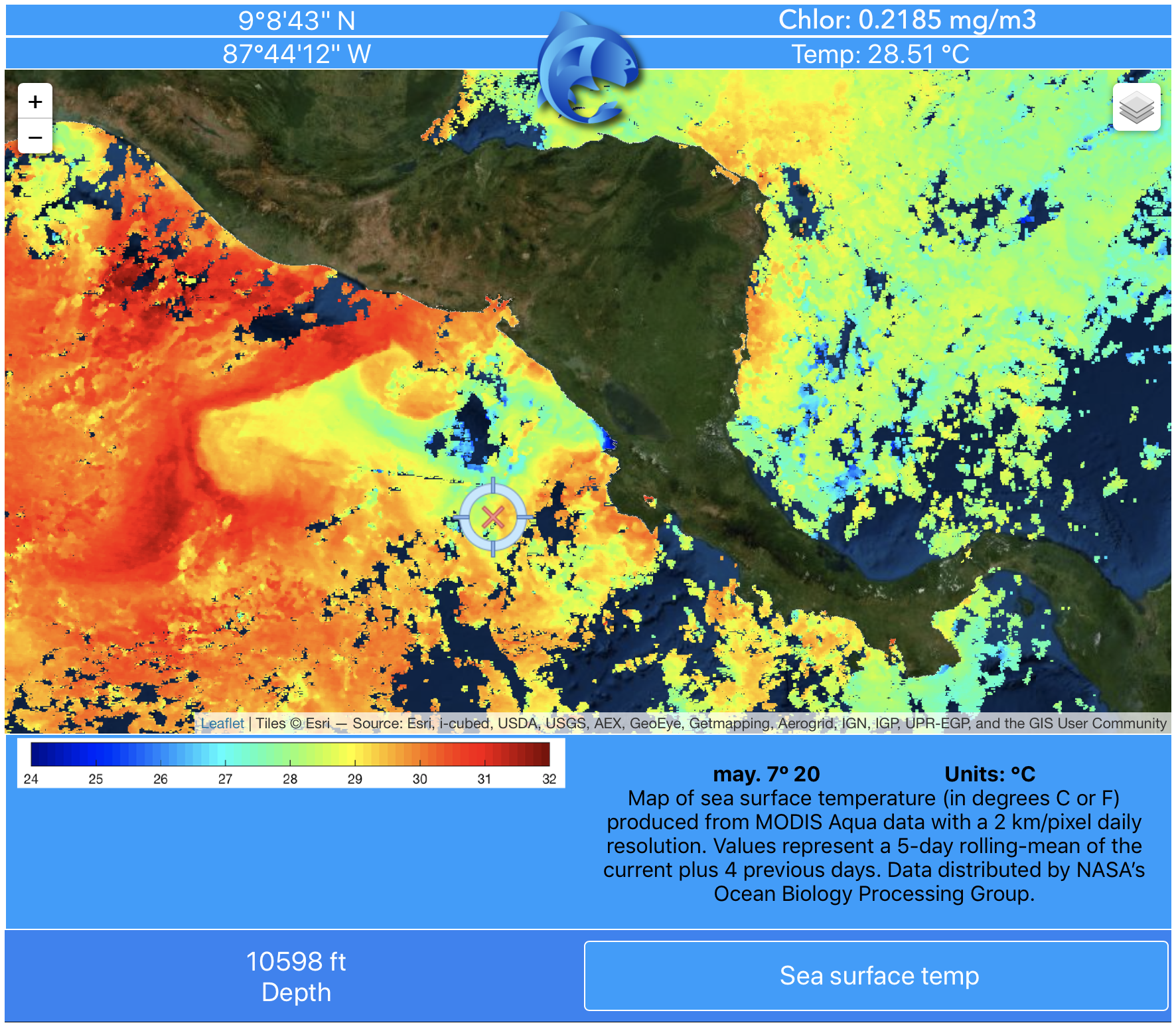 Sea surface temperature data map off Central America from pezCA
