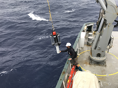 Philipp Guenther retrieves sediment traps in heavy seas. Credit: Stephanie Schollaert Uz (NASA)